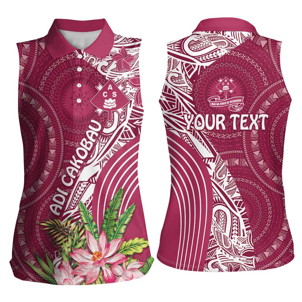 Fiji Adi Cakobau School Personalised Women Sleeveless Polo Shirt Masi Tapa Mix Plumeria LT7 - Polynesian Pride