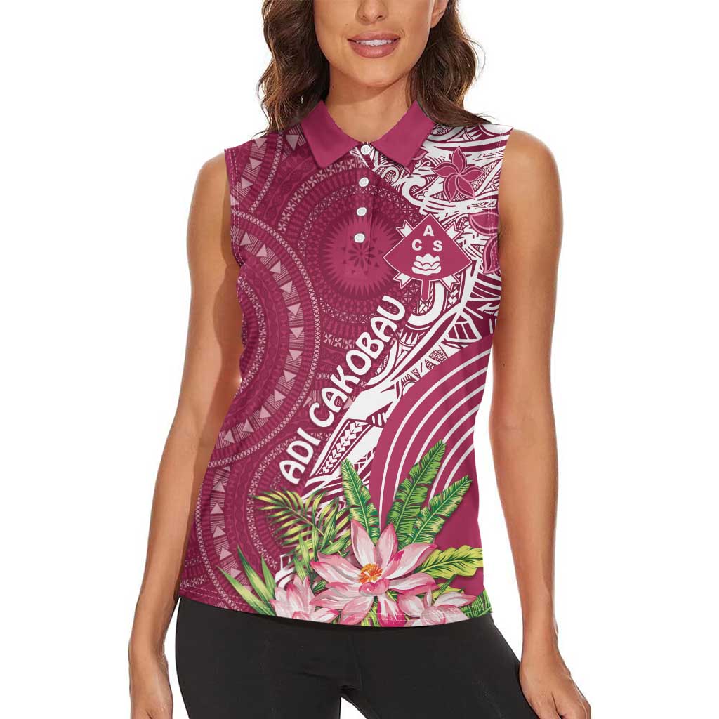 Fiji Adi Cakobau School Personalised Women Sleeveless Polo Shirt Masi Tapa Mix Plumeria LT7 - Polynesian Pride