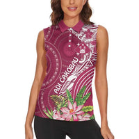 Fiji Adi Cakobau School Personalised Women Sleeveless Polo Shirt Masi Tapa Mix Plumeria LT7 - Polynesian Pride