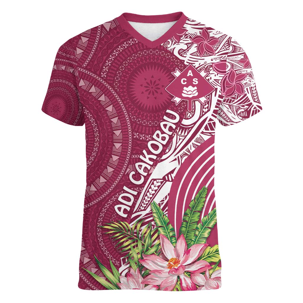 Fiji Adi Cakobau School Personalised Women V-Neck T-Shirt Masi Tapa Mix Plumeria LT7 Female Maroon - Polynesian Pride