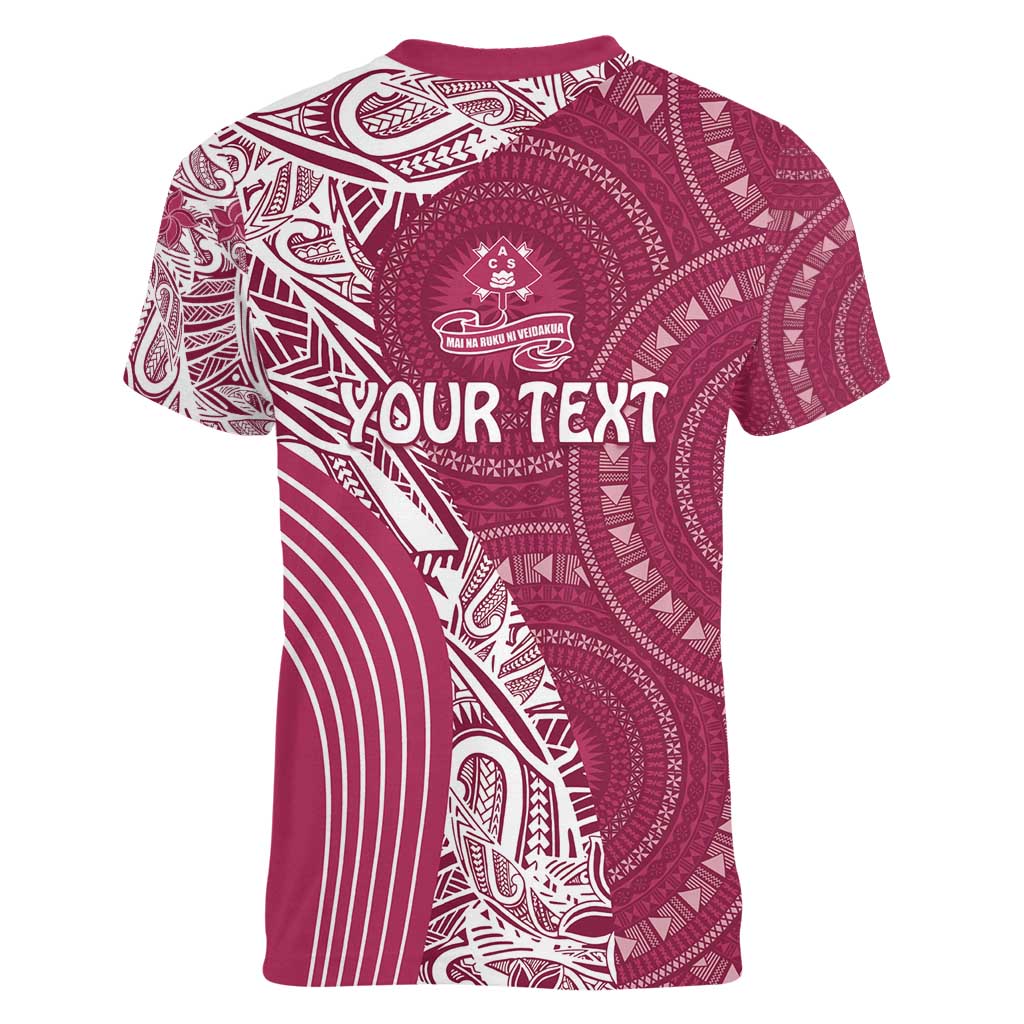 Fiji Adi Cakobau School Personalised Women V-Neck T-Shirt Masi Tapa Mix Plumeria LT7 - Polynesian Pride