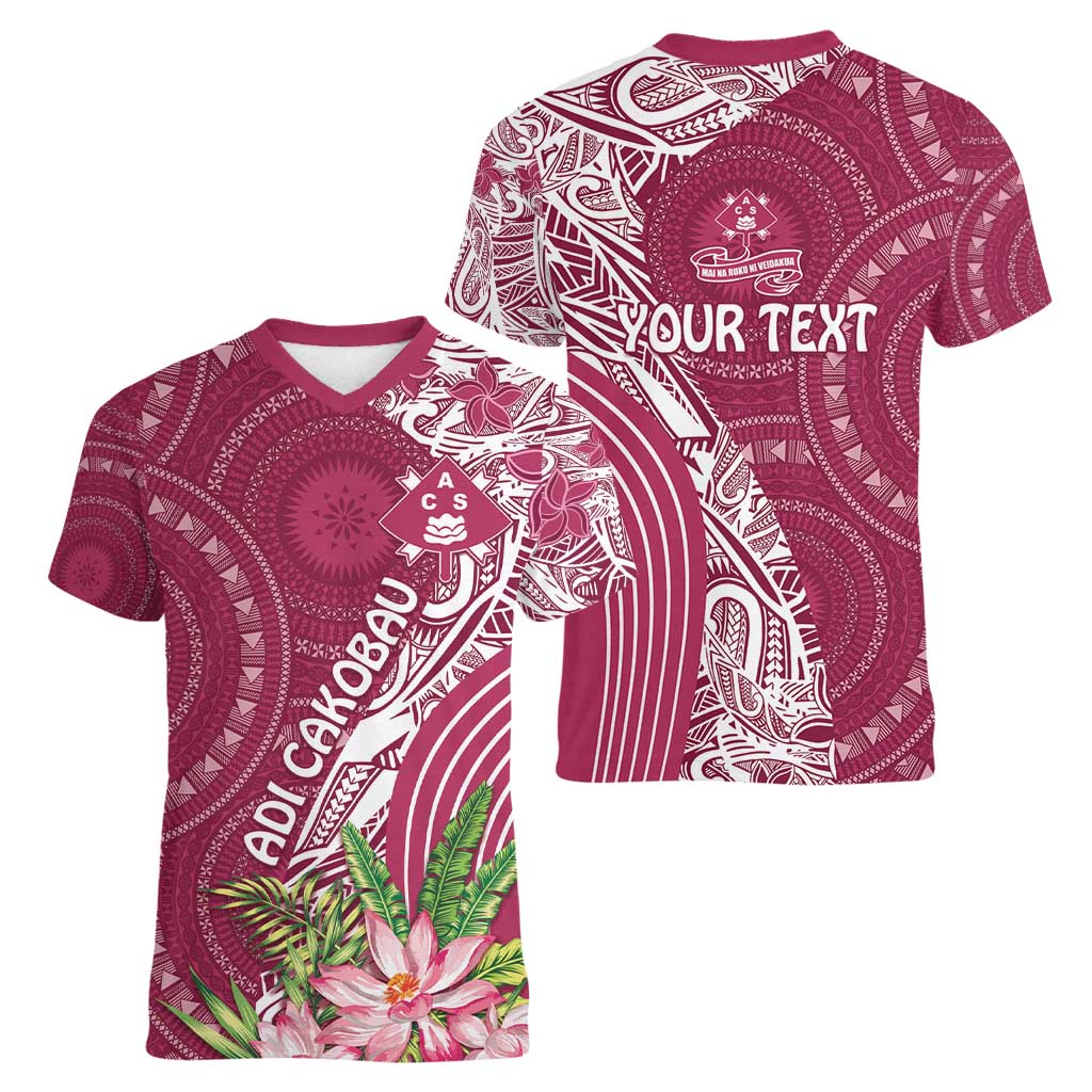 Fiji Adi Cakobau School Personalised Women V-Neck T-Shirt Masi Tapa Mix Plumeria LT7 - Polynesian Pride