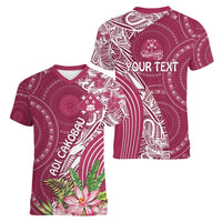 Fiji Adi Cakobau School Personalised Women V-Neck T-Shirt Masi Tapa Mix Plumeria LT7 - Polynesian Pride