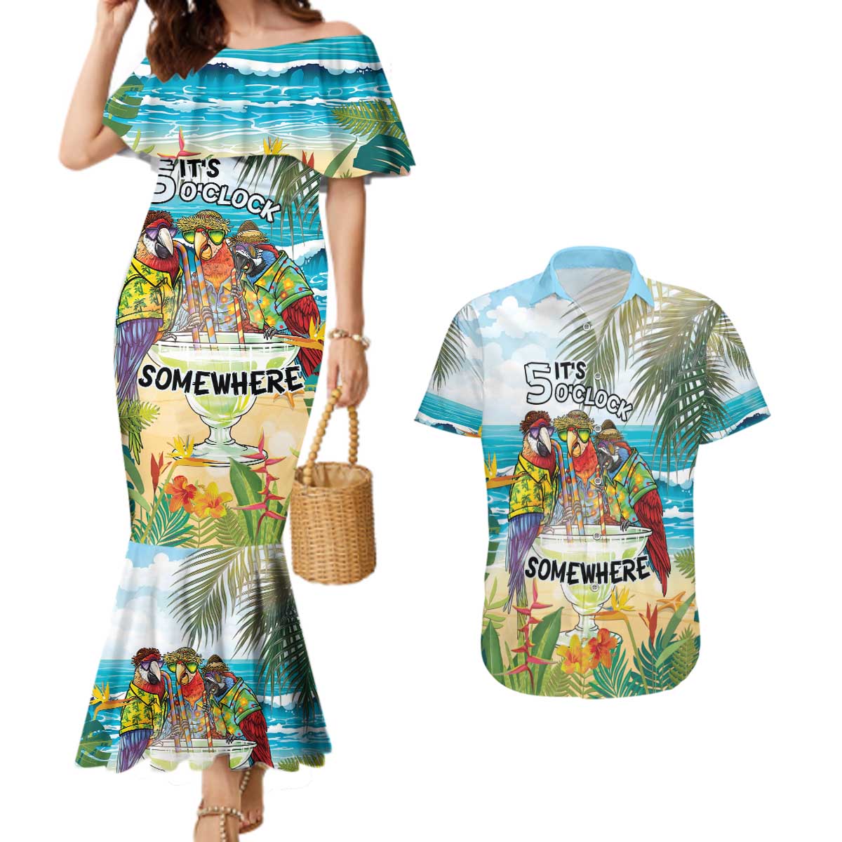 It's 5 o'clock Somewhere Couples Matching Mermaid Dress and Hawaiian Shirt Beach Party - Polynesian Pride