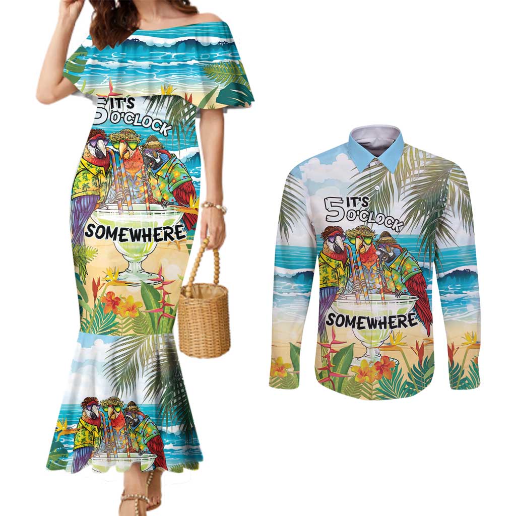 It's 5 o'clock Somewhere Couples Matching Mermaid Dress and Long Sleeve Button Shirt Beach Party - Polynesian Pride