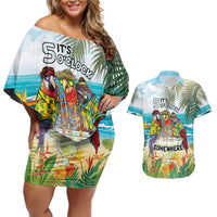 It's 5 o'clock Somewhere Couples Matching Off Shoulder Short Dress and Hawaiian Shirt Beach Party - Polynesian Pride
