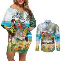 It's 5 o'clock Somewhere Couples Matching Off Shoulder Short Dress and Long Sleeve Button Shirt Beach Party - Polynesian Pride