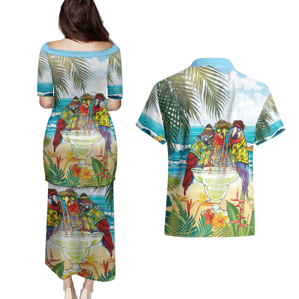 It's 5 o'clock Somewhere Couples Matching Puletasi and Hawaiian Shirt Beach Party - Polynesian Pride