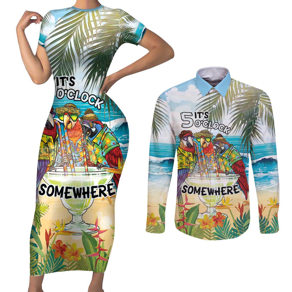 It's 5 o'clock Somewhere Couples Matching Short Sleeve Bodycon Dress and Long Sleeve Button Shirt Beach Party - Polynesian Pride