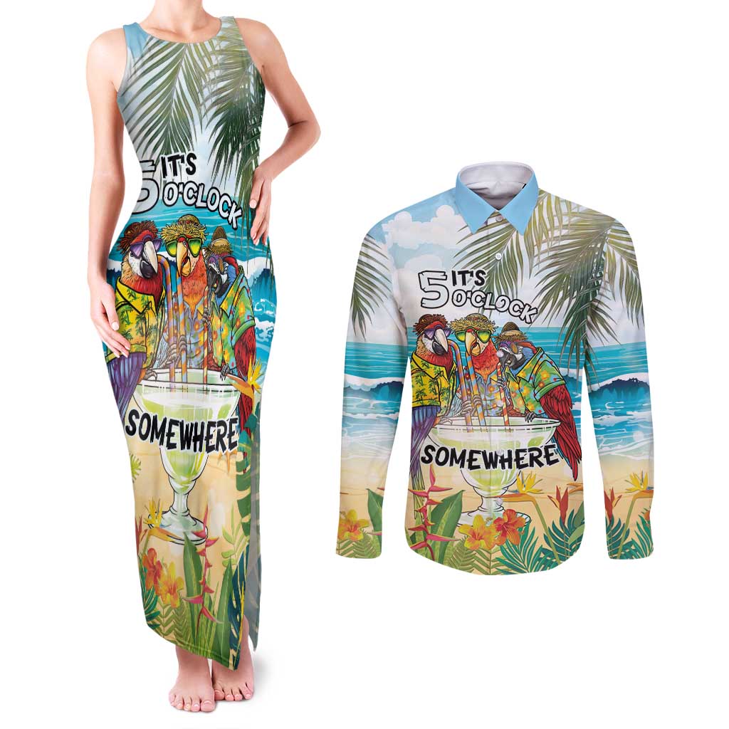 It's 5 o'clock Somewhere Couples Matching Tank Maxi Dress and Long Sleeve Button Shirt Beach Party - Polynesian Pride