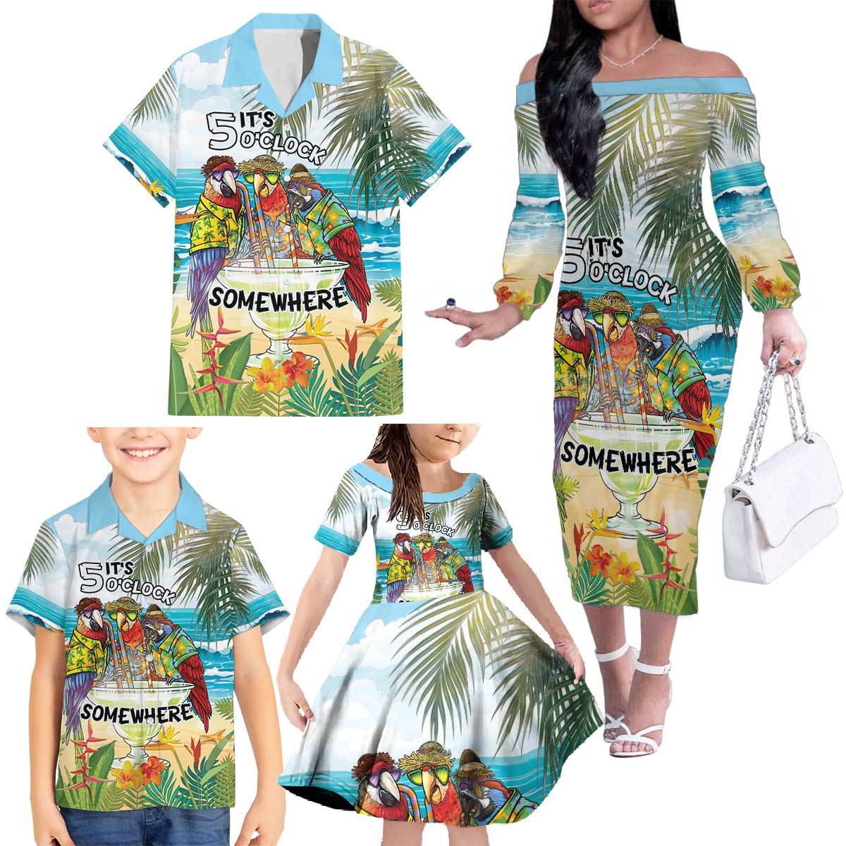 It's 5 o'clock Somewhere Family Matching Off The Shoulder Long Sleeve Dress and Hawaiian Shirt Beach Party - Polynesian Pride