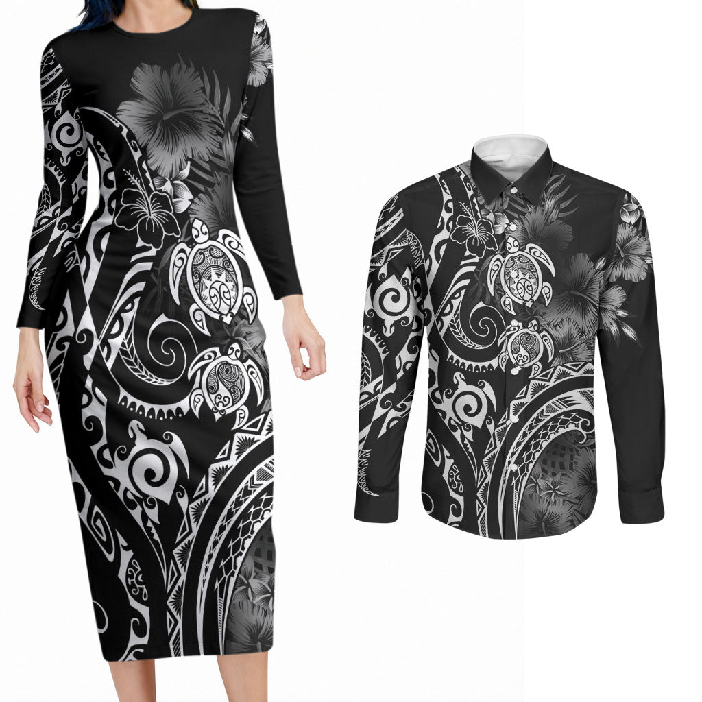 Aloha Hawaii Turtles Floral Couples Matching Long Sleeve Bodycon Dress and Long Sleeve Button Shirt Obsidian Glaze LT7 Black - Polynesian Pride