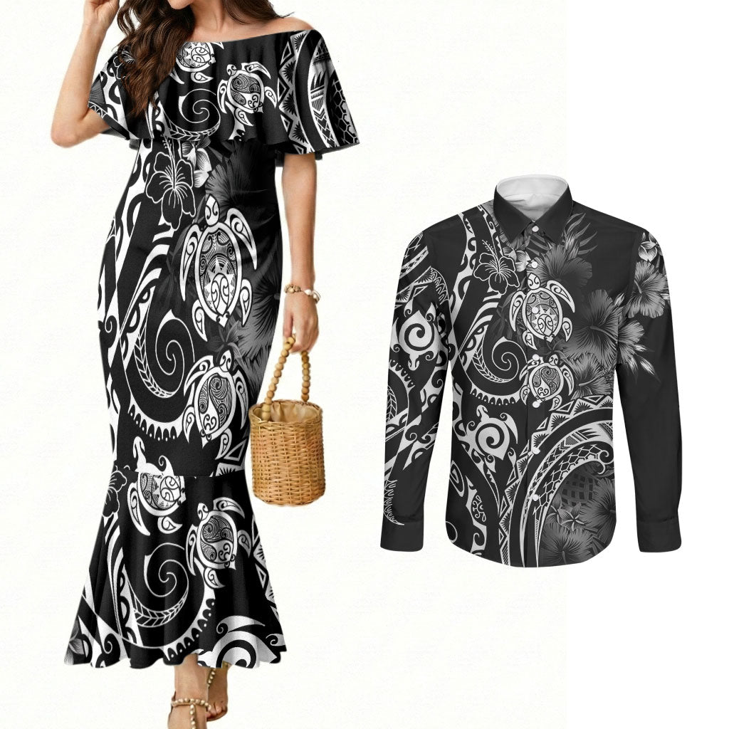Aloha Hawaii Turtles Floral Couples Matching Mermaid Dress and Long Sleeve Button Shirt Obsidian Glaze LT7 Black - Polynesian Pride