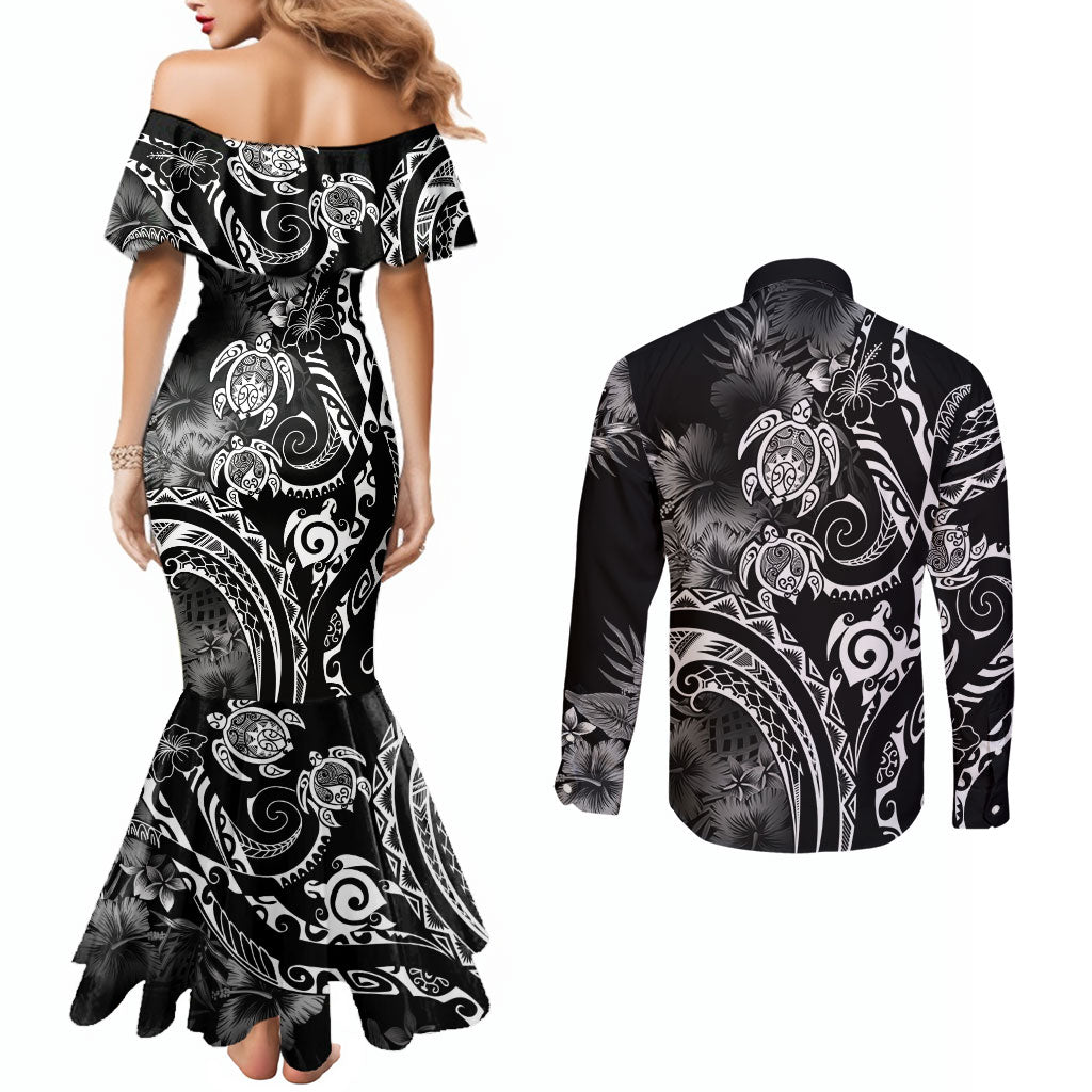 Aloha Hawaii Turtles Floral Couples Matching Mermaid Dress and Long Sleeve Button Shirt Obsidian Glaze
