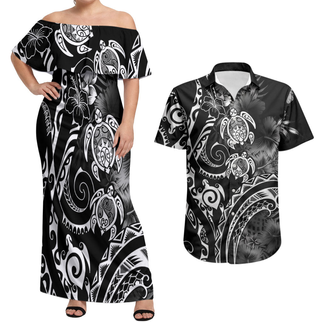 Aloha Hawaii Turtles Floral Couples Matching Off Shoulder Maxi Dress and Hawaiian Shirt Obsidian Glaze LT7 Black - Polynesian Pride
