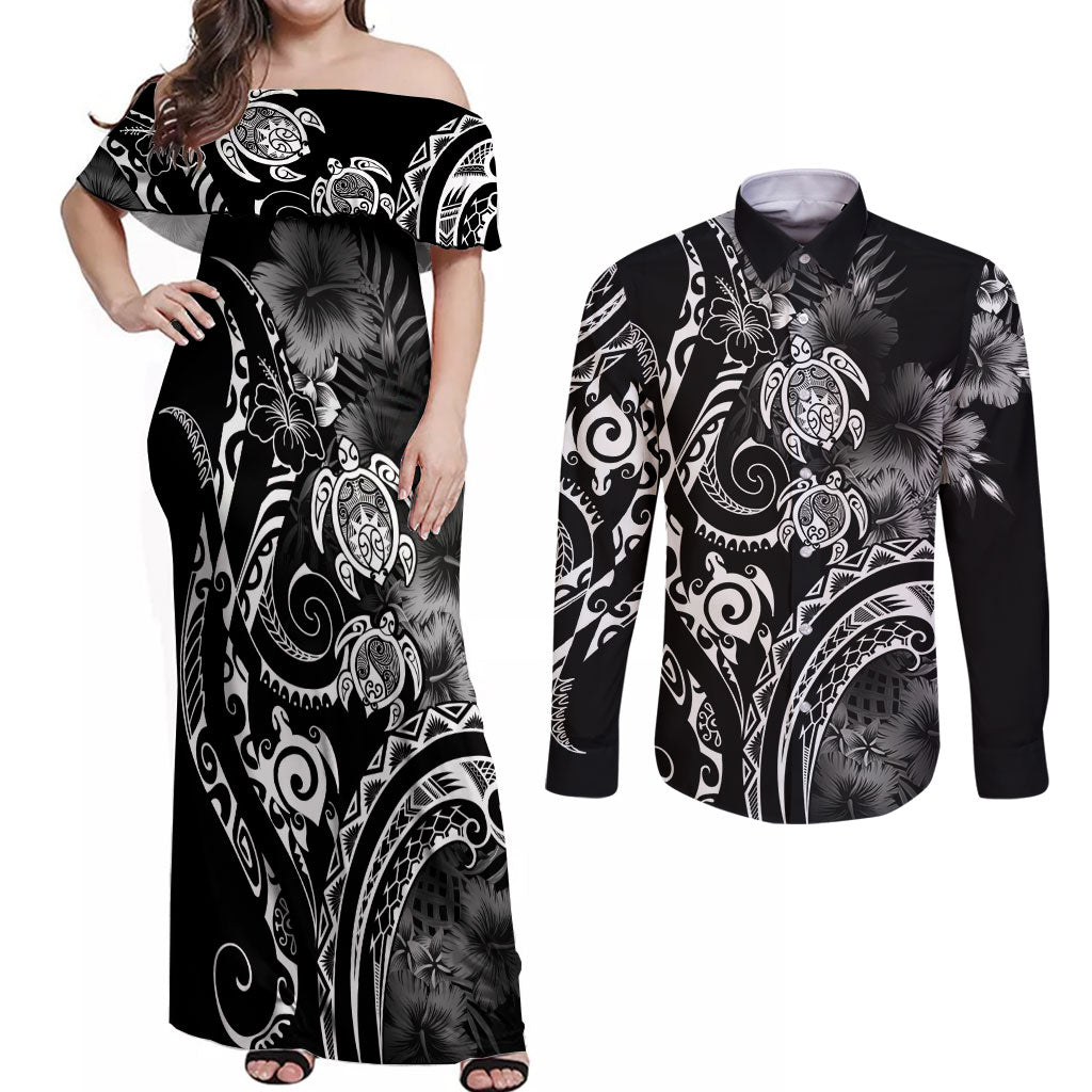 Aloha Hawaii Turtles Floral Couples Matching Off Shoulder Maxi Dress and Long Sleeve Button Shirt Obsidian Glaze