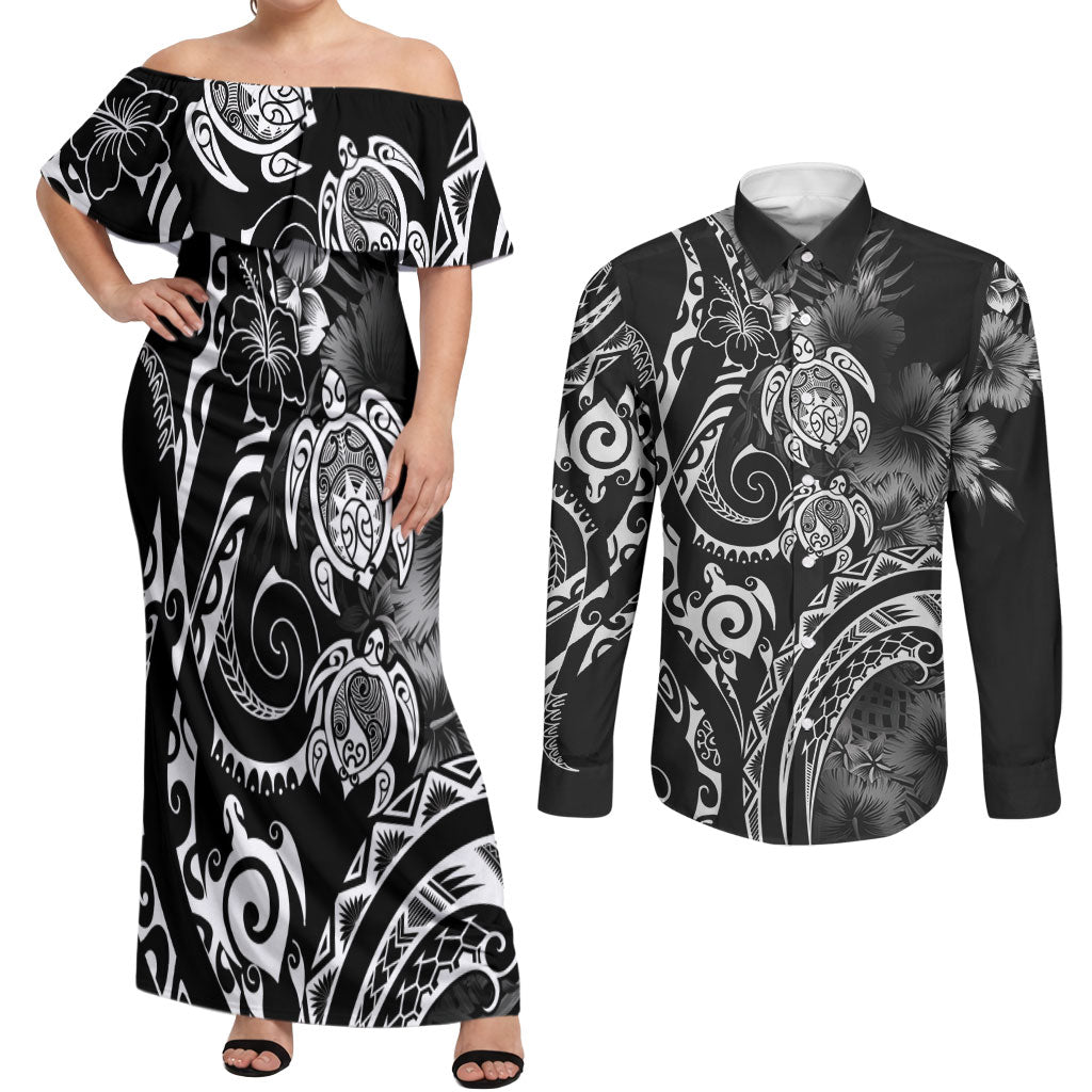 Aloha Hawaii Turtles Floral Couples Matching Off Shoulder Maxi Dress and Long Sleeve Button Shirt Obsidian Glaze LT7 Black - Polynesian Pride