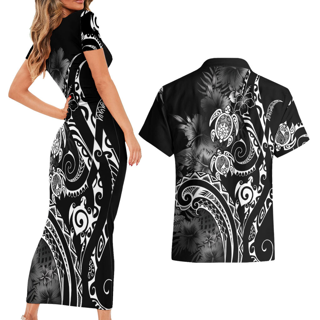 Aloha Hawaii Turtles Floral Couples Matching Short Sleeve Bodycon Dress and Hawaiian Shirt Obsidian Glaze