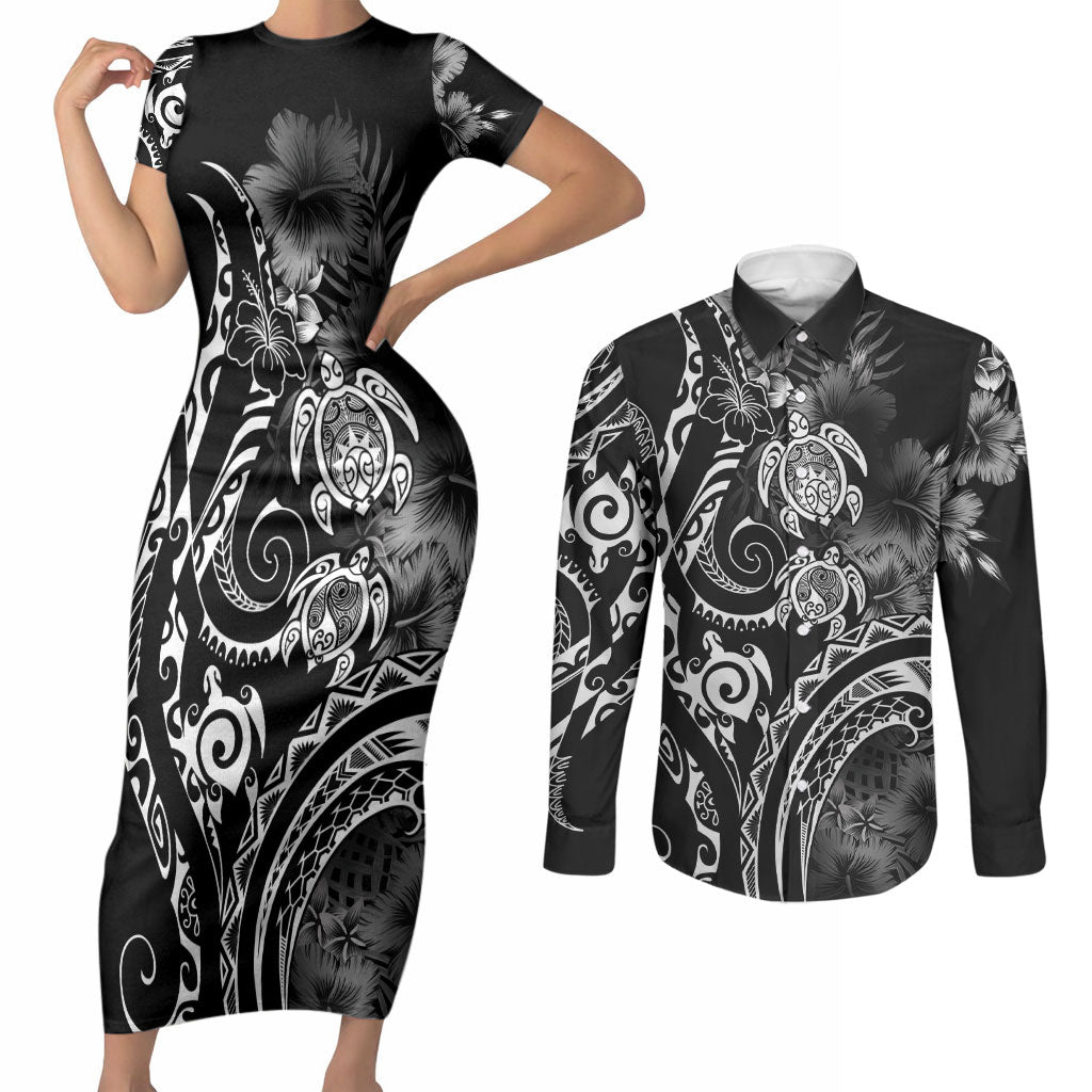 Aloha Hawaii Turtles Floral Couples Matching Short Sleeve Bodycon Dress and Long Sleeve Button Shirt Obsidian Glaze LT7 Black - Polynesian Pride