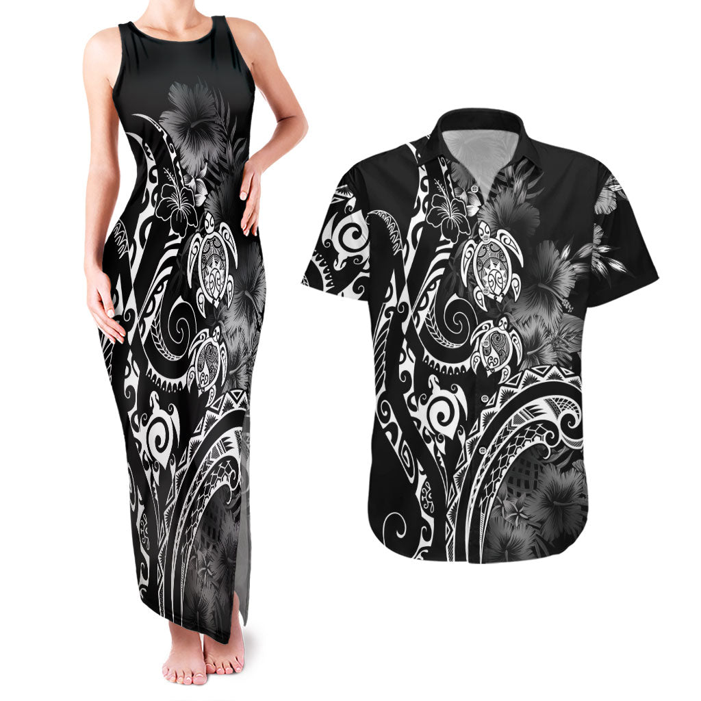 Aloha Hawaii Turtles Floral Couples Matching Tank Maxi Dress and Hawaiian Shirt Obsidian Glaze