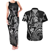 Aloha Hawaii Turtles Floral Couples Matching Tank Maxi Dress and Hawaiian Shirt Obsidian Glaze