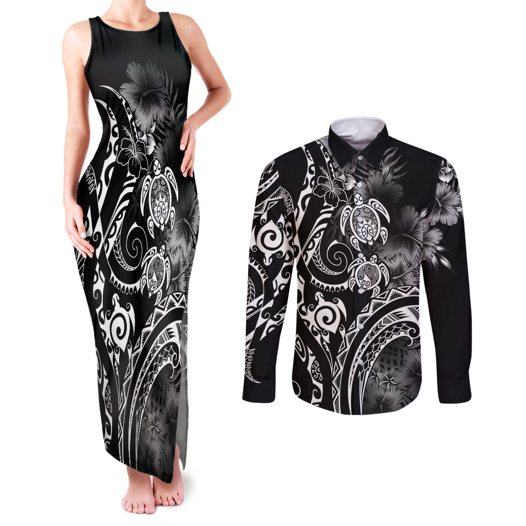 Aloha Hawaii Turtles Floral Couples Matching Tank Maxi Dress and Long Sleeve Button Shirt Obsidian Glaze