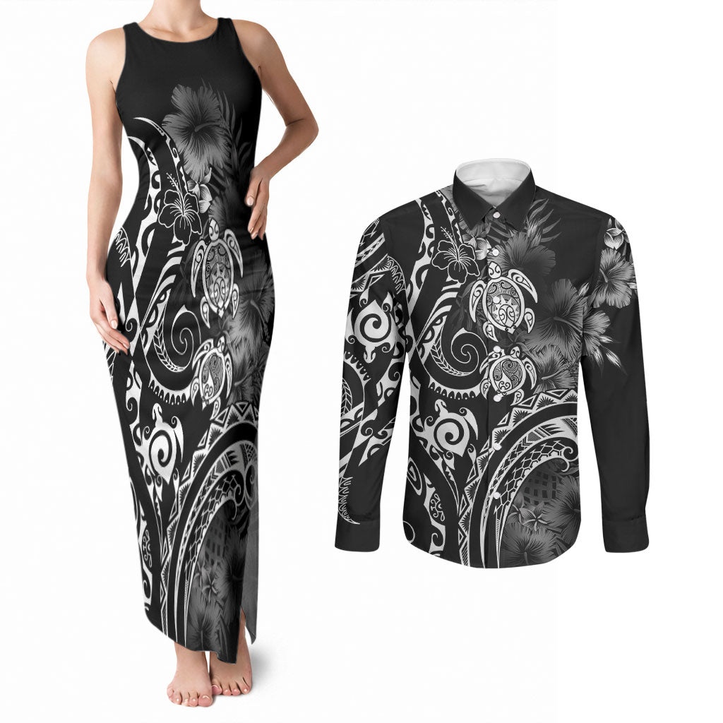 Aloha Hawaii Turtles Floral Couples Matching Tank Maxi Dress and Long Sleeve Button Shirt Obsidian Glaze LT7 Black - Polynesian Pride