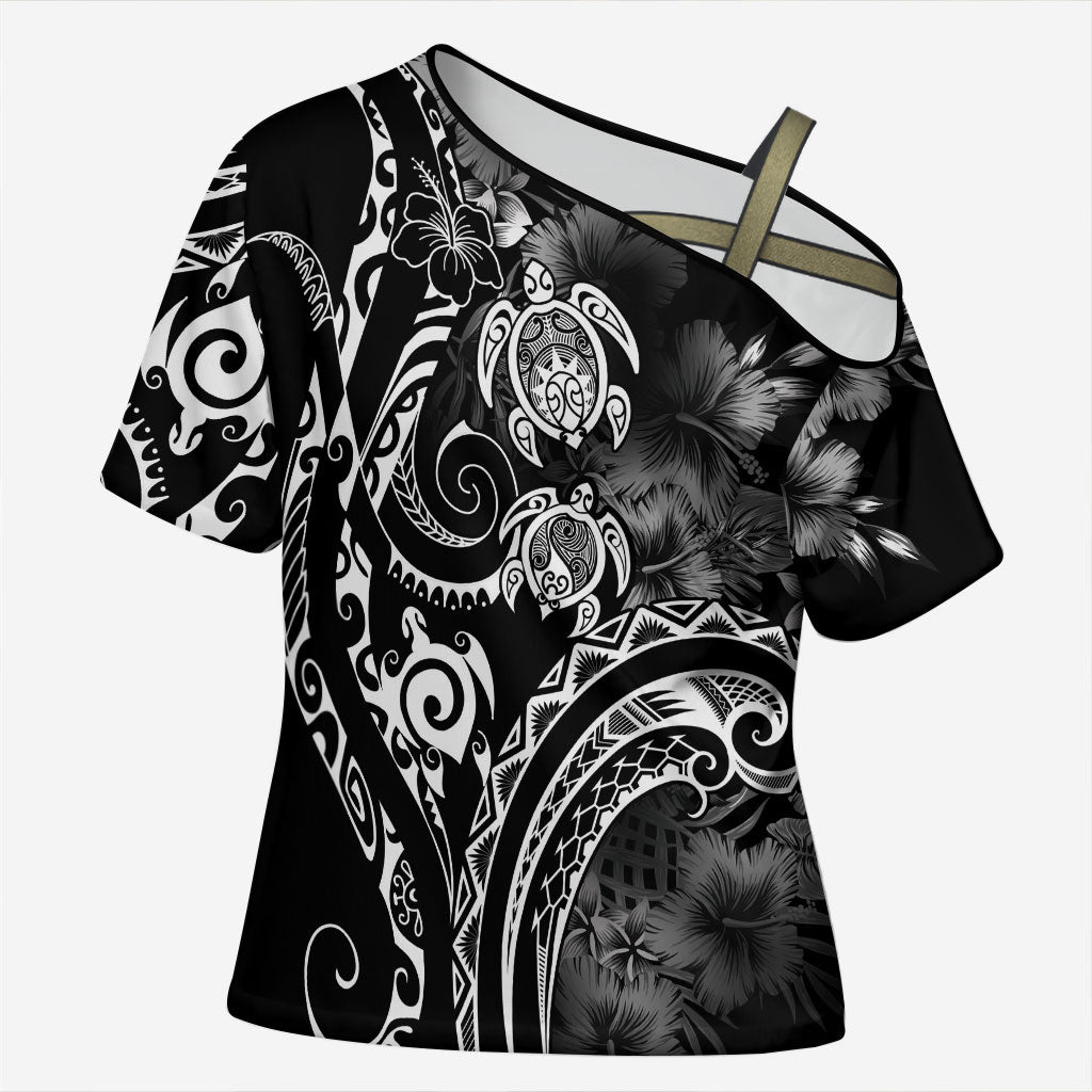 Aloha Hawaii Turtles Floral Cross Shoulder Shirt Obsidian Glaze LT7 Female Black - Polynesian Pride
