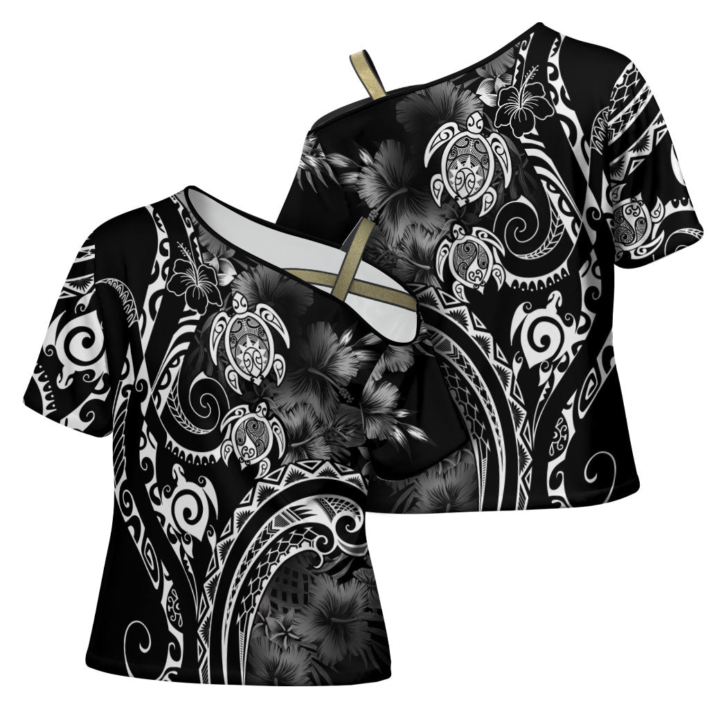 Aloha Hawaii Turtles Floral Cross Shoulder Shirt Obsidian Glaze