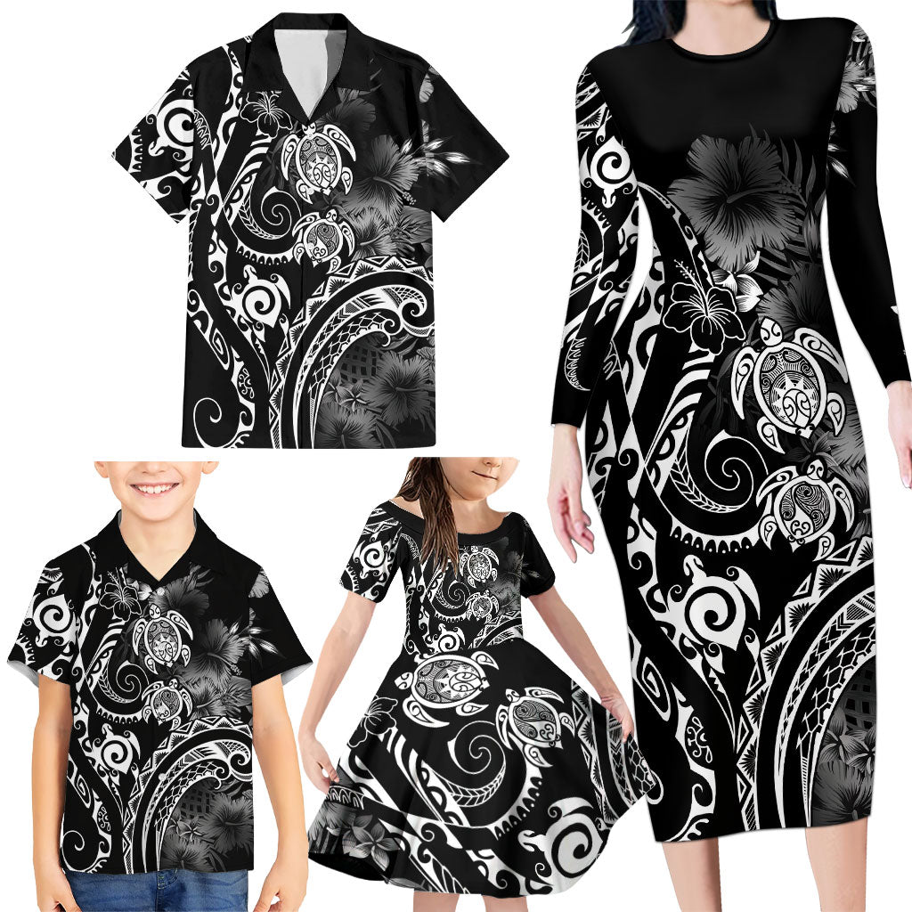 Aloha Hawaii Turtles Floral Family Matching Long Sleeve Bodycon Dress and Hawaiian Shirt Obsidian Glaze