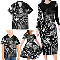 Aloha Hawaii Turtles Floral Family Matching Long Sleeve Bodycon Dress and Hawaiian Shirt Obsidian Glaze
