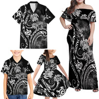 Aloha Hawaii Turtles Floral Family Matching Off Shoulder Maxi Dress and Hawaiian Shirt Obsidian Glaze