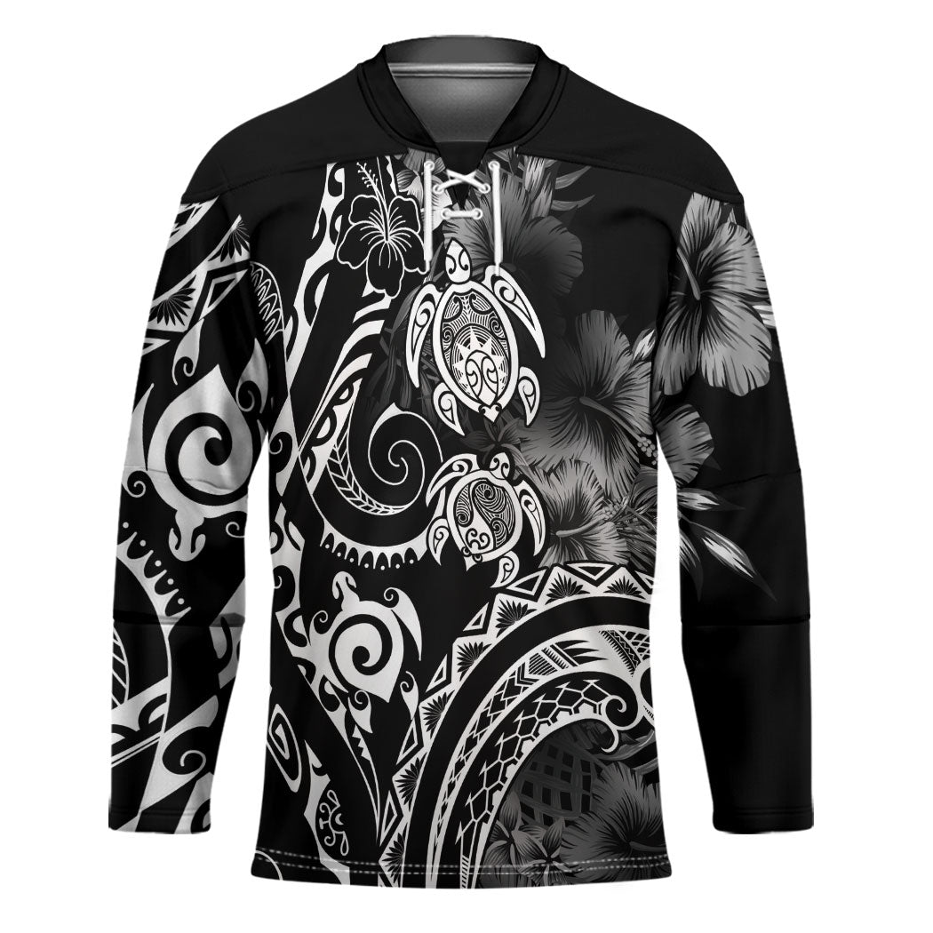 Aloha Hawaii Turtles Floral Hockey Jersey Obsidian Glaze LT7 Unisex Black - Polynesian Pride