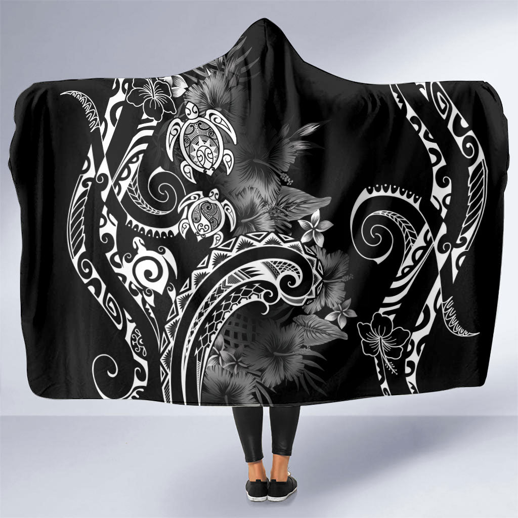 Aloha Hawaii Turtles Floral Hooded Blanket Obsidian Glaze LT7 One Size Black - Polynesian Pride
