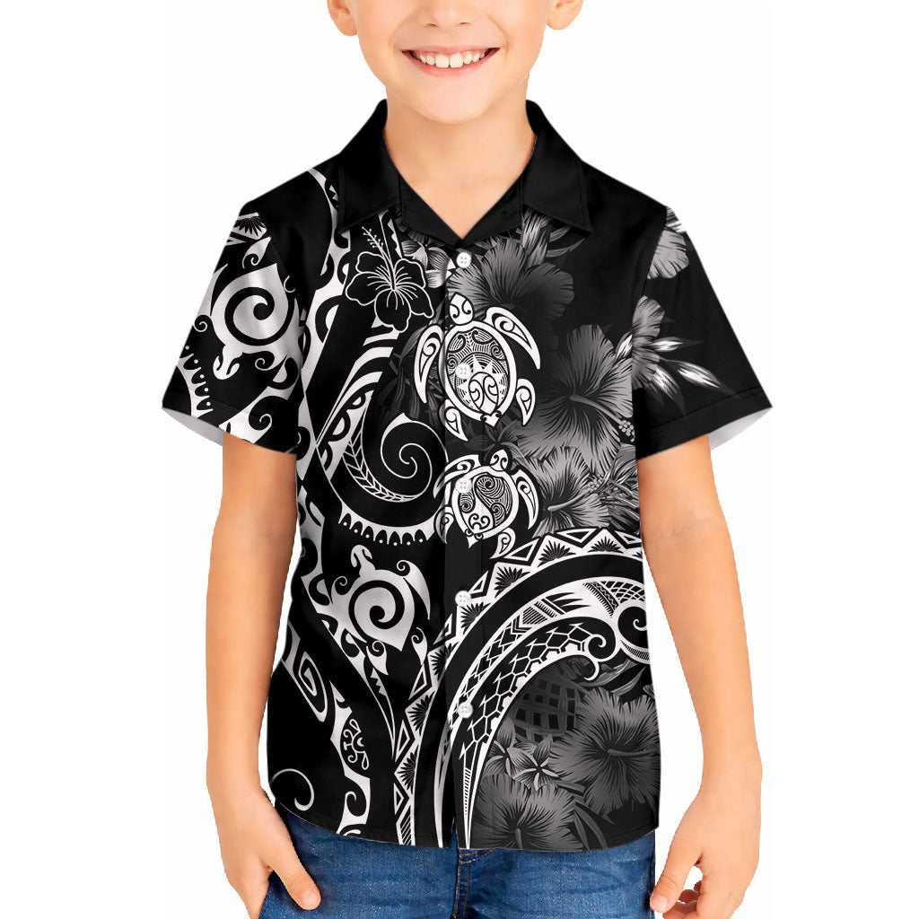 Aloha Hawaii Turtles Floral Kid Hawaiian Shirt Obsidian Glaze LT7 Kid Black - Polynesian Pride