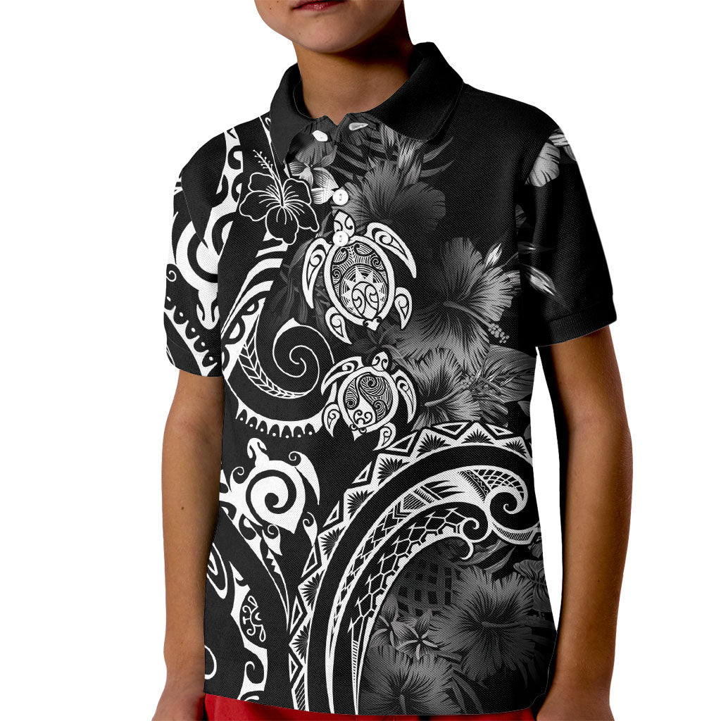 Aloha Hawaii Turtles Floral Kid Polo Shirt Obsidian Glaze LT7 Kid Black - Polynesian Pride