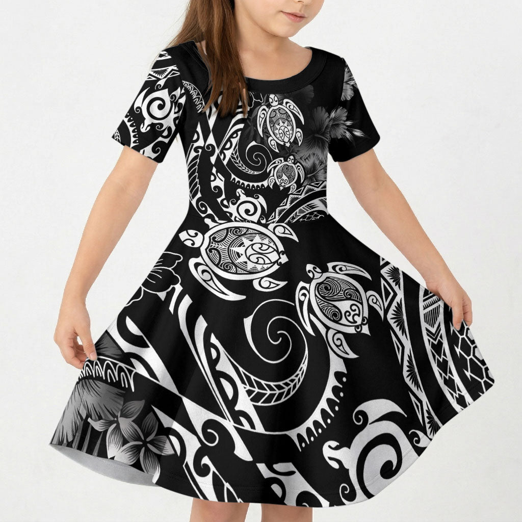 Aloha Hawaii Turtles Floral Kid Short Sleeve Dress Obsidian Glaze LT7 KID Black - Polynesian Pride