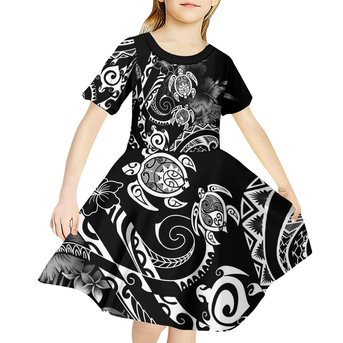 Aloha Hawaii Turtles Floral Kid Short Sleeve Dress Obsidian Glaze