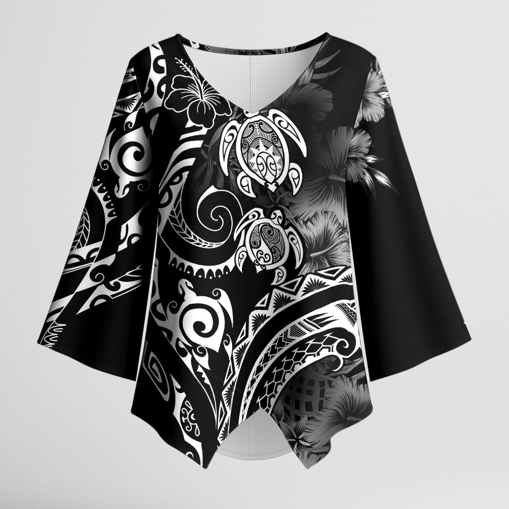 Aloha Hawaii Turtles Floral Kimono Sleeve Blouse Obsidian Glaze LT7 Female Black - Polynesian Pride