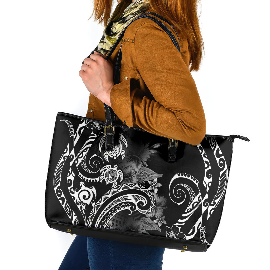 Aloha Hawaii Turtles Floral Leather Tote Bag Obsidian Glaze LT7 Black - Polynesian Pride