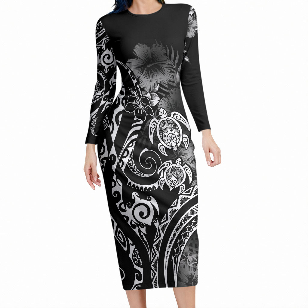 Aloha Hawaii Turtles Floral Long Sleeve Bodycon Dress Obsidian Glaze LT7 Long Dress Black - Polynesian Pride