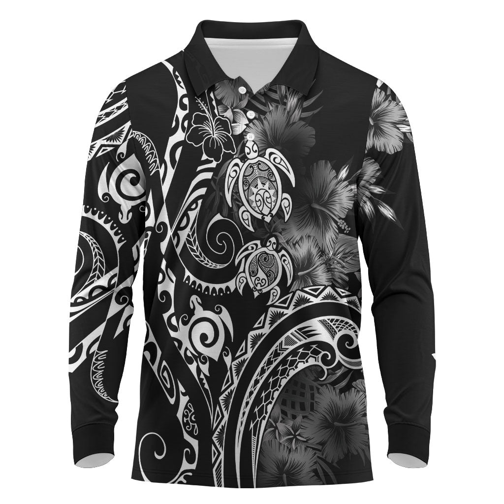 Aloha Hawaii Turtles Floral Long Sleeve Polo Shirt Obsidian Glaze LT7 Black - Polynesian Pride