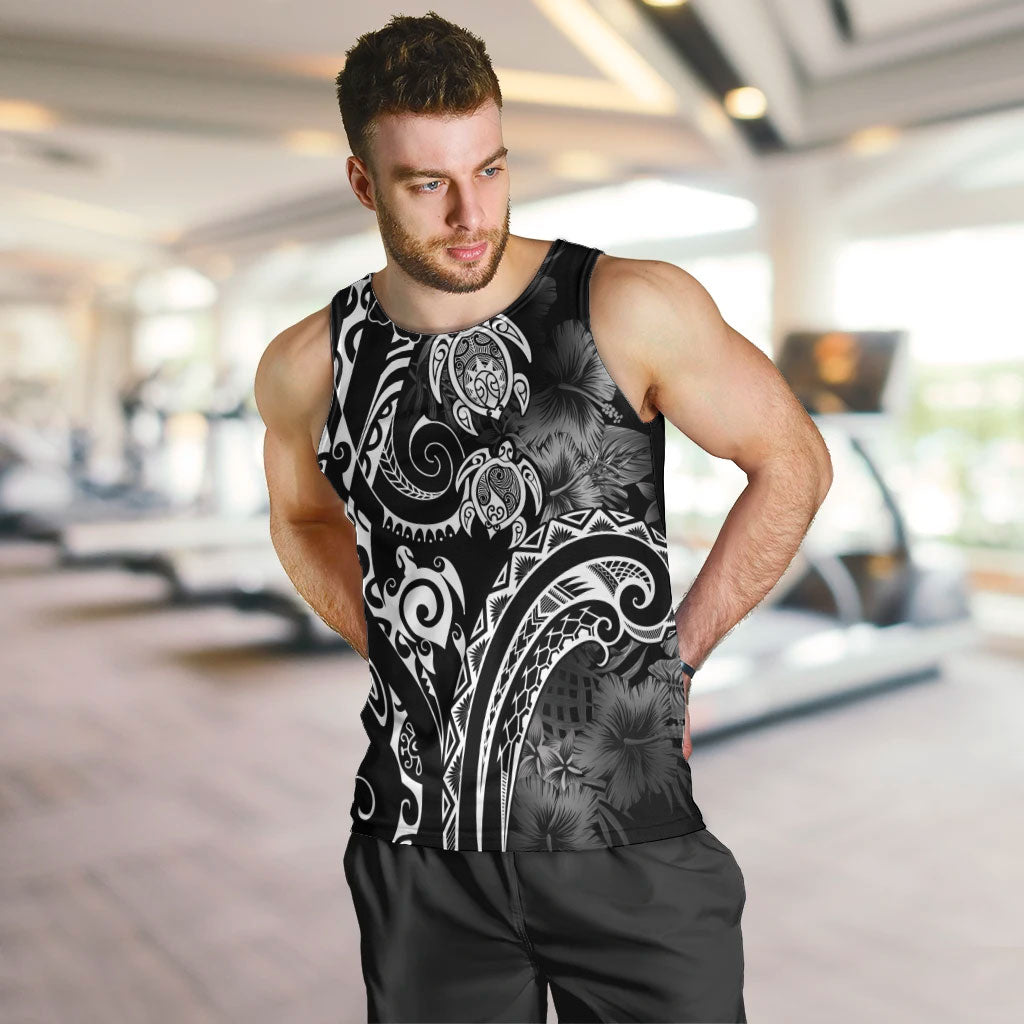 Aloha Hawaii Turtles Floral Men Tank Top Obsidian Glaze LT7 Black - Polynesian Pride