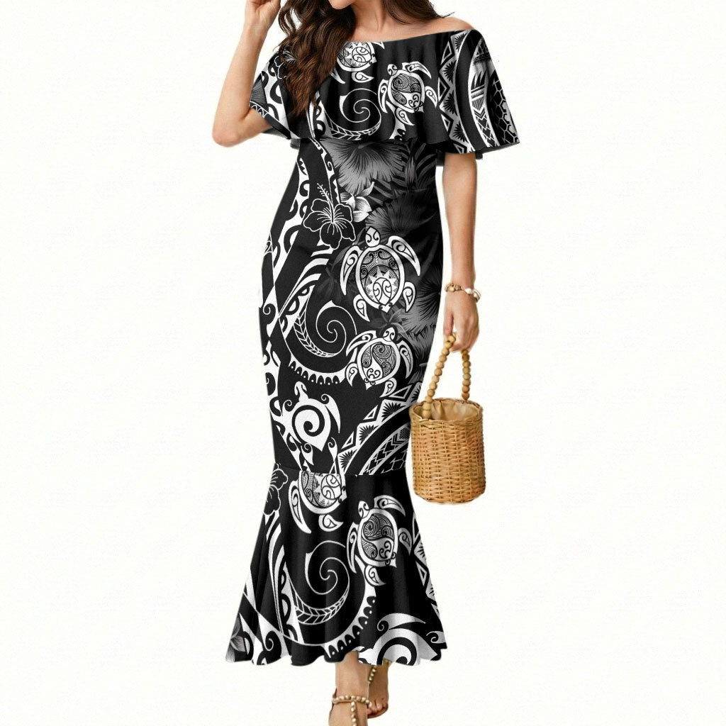 Aloha Hawaii Turtles Floral Mermaid Dress Obsidian Glaze LT7 Women Black - Polynesian Pride