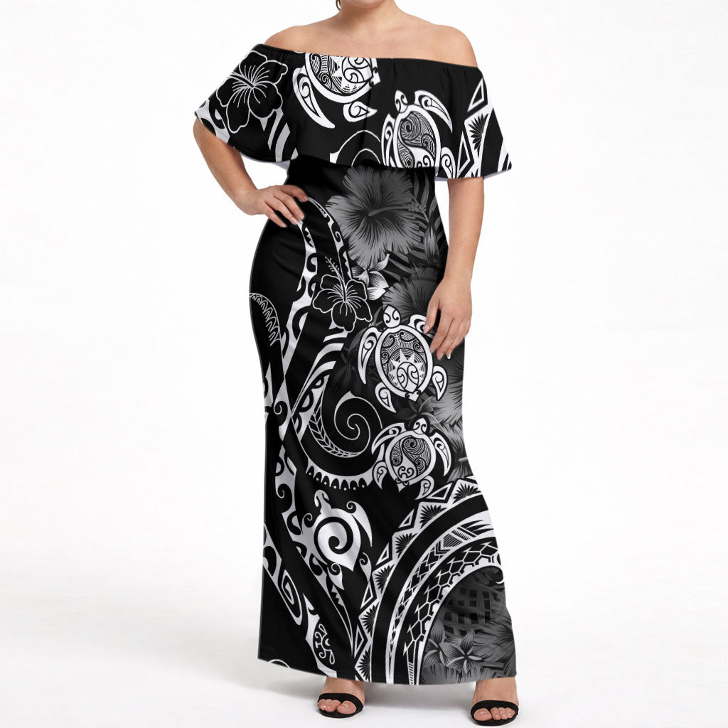 Aloha Hawaii Turtles Floral Off Shoulder Maxi Dress Obsidian Glaze LT7 Women Black - Polynesian Pride