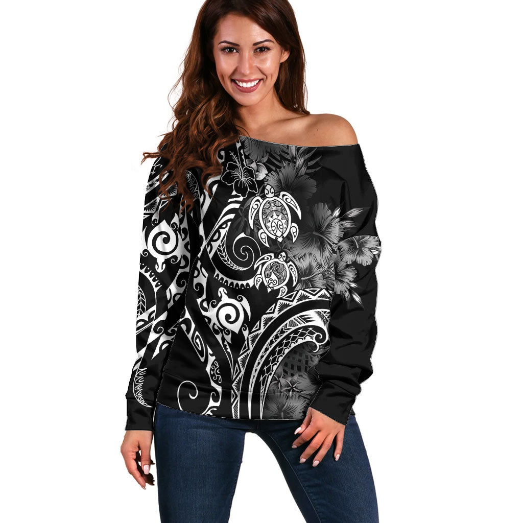 Aloha Hawaii Turtles Floral Off Shoulder Sweater Obsidian Glaze LT7 Women Black - Polynesian Pride