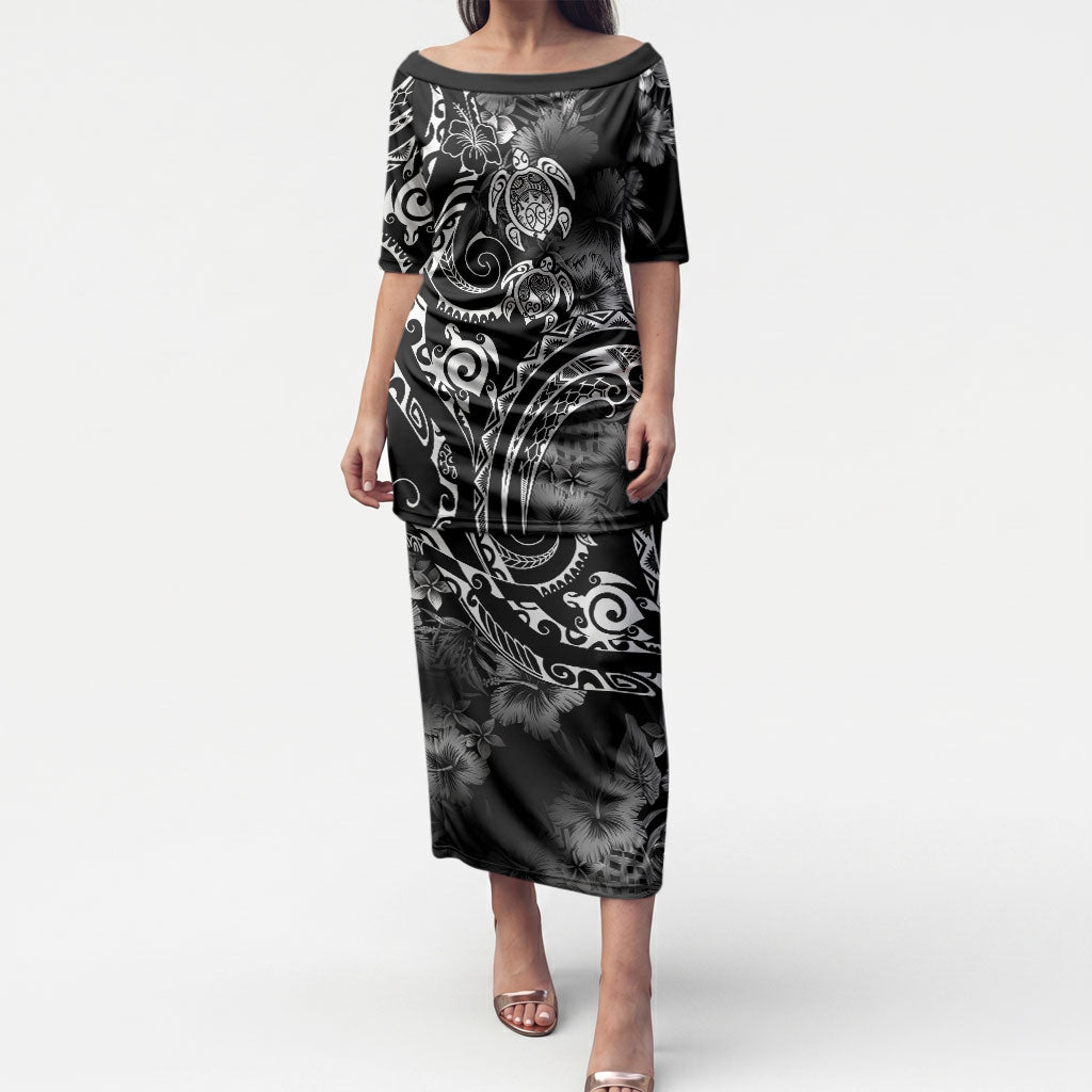 Aloha Hawaii Turtles Floral Puletasi Obsidian Glaze LT7 Long Dress Black - Polynesian Pride