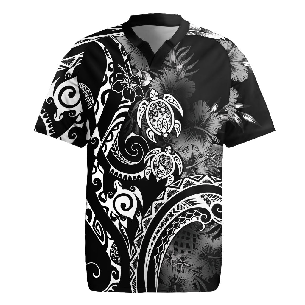 Aloha Hawaii Turtles Floral Rugby Jersey Obsidian Glaze LT7 Black - Polynesian Pride