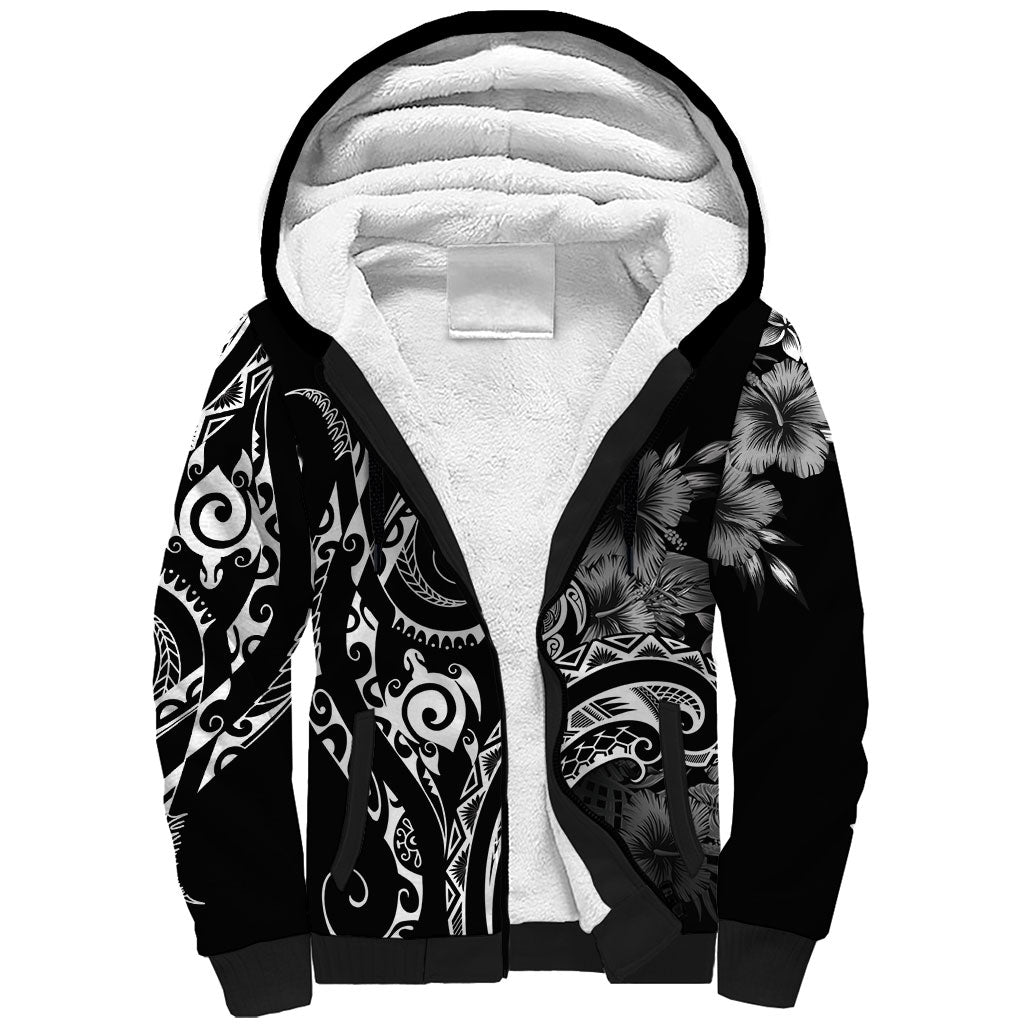 Aloha Hawaii Turtles Floral Sherpa Hoodie Obsidian Glaze LT7 Unisex Black - Polynesian Pride
