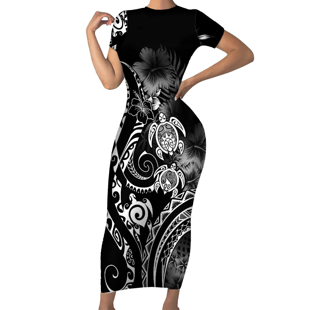 Aloha Hawaii Turtles Floral Short Sleeve Bodycon Dress Obsidian Glaze